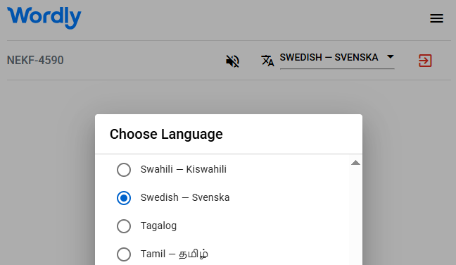 List of Wordly interpretation languages, including Swedish