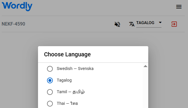 List of Wordly interpretation languages, including Tagalog