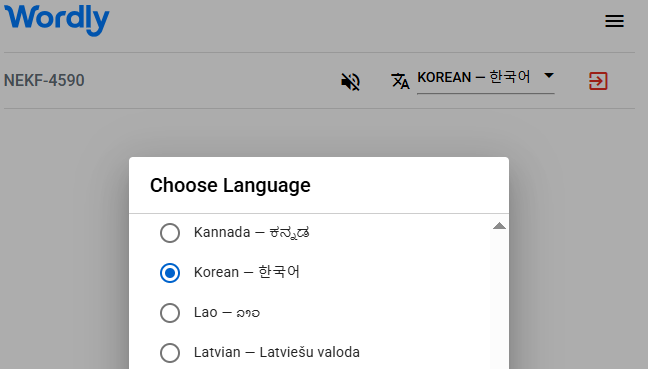 List of Wordly interpretation languages, including Korean