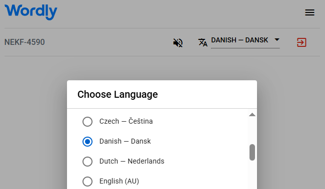 List of Wordly interpretation languages, including Danish