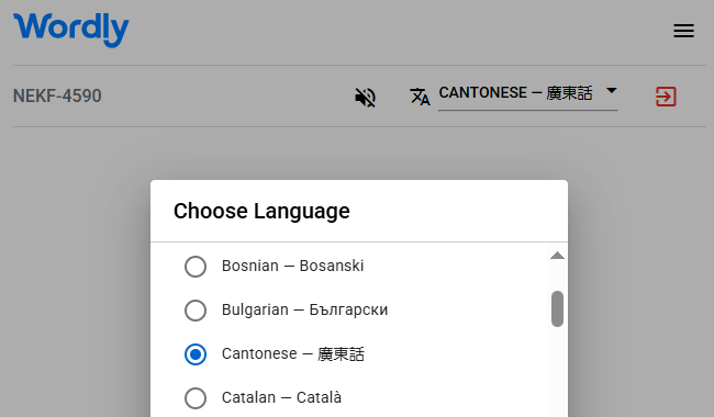 List of Wordly interpretation languages, including Cantonese