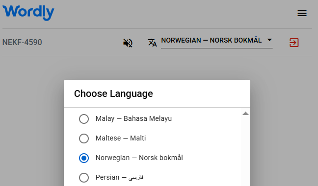 List of Wordly interpretation languages, including Norwegian