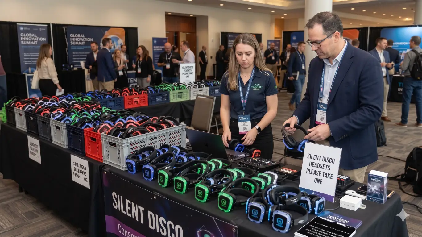 Table at an event with dozens of special headsets required when not using Wordly for silent theater