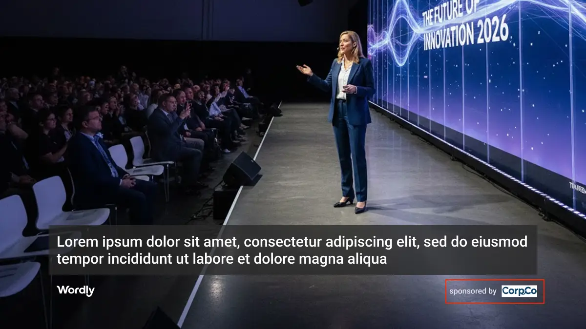 Conference promoting a sponsor for the live translation and caption service