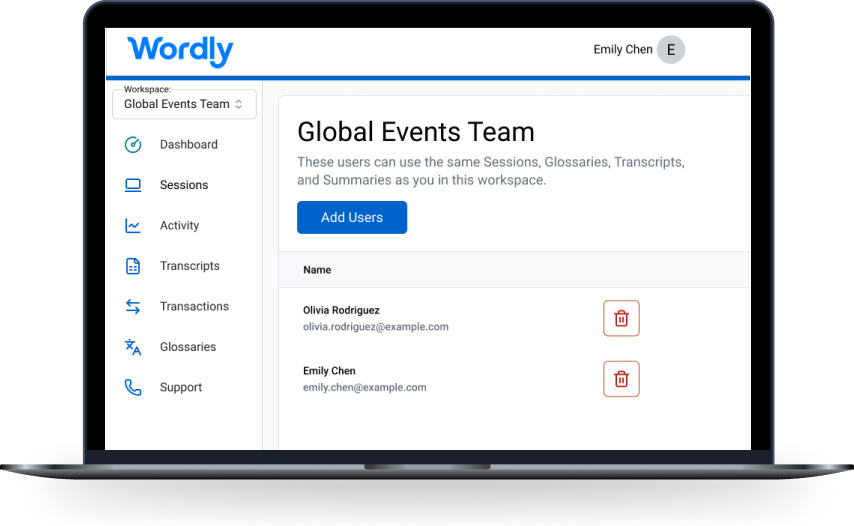 Wordly Wordspaces dashboard