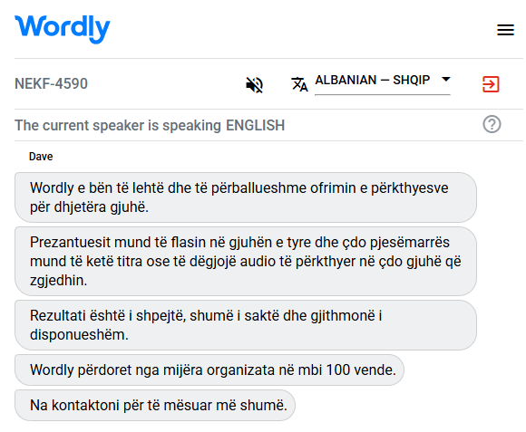 Example of a Albanian interpreter translating English to Albanian.