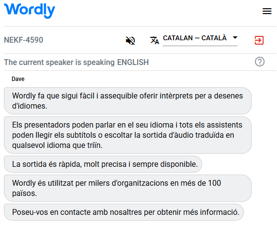 Example of a Catalan interpreter translating English to Catalan.