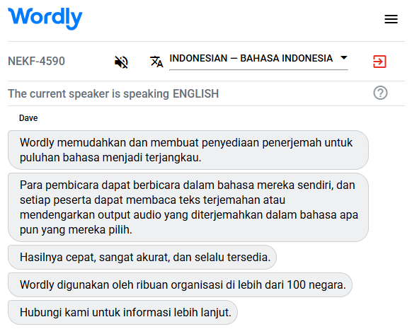 Example of a Indonesian interpreter translating English to Indonesian.