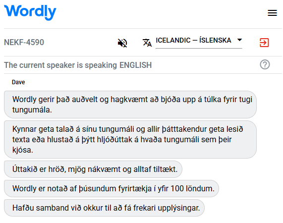 Example of a Icelandic interpreter translating English to Icelandic.