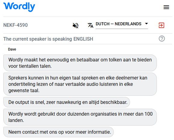 Example of a Dutch interpreter translating English to Dutch.