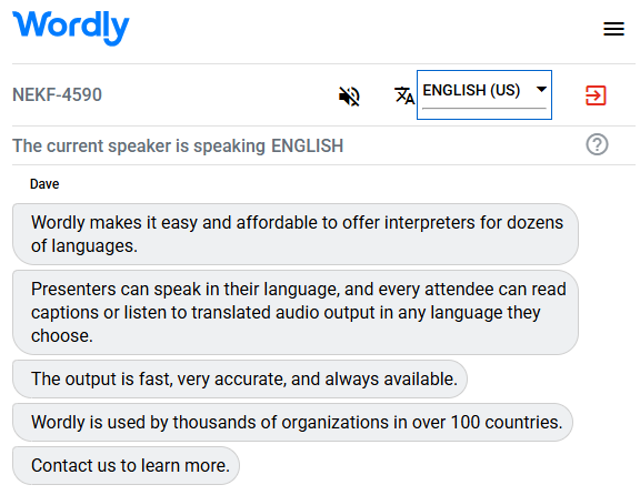 Example of a English interpreter translating English to English.