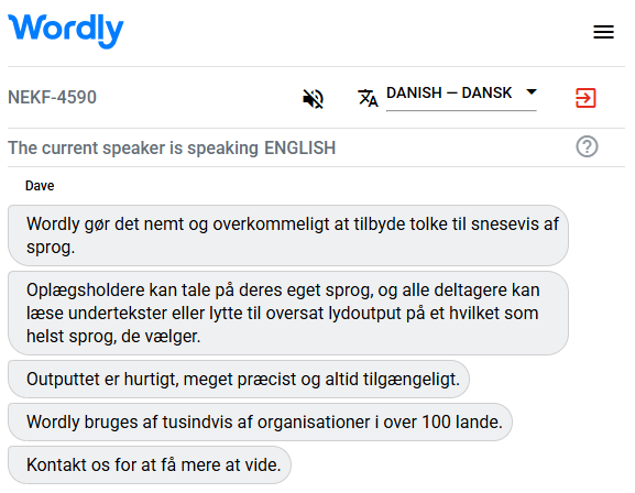 Example of a Danish interpreter translating English to Danish.