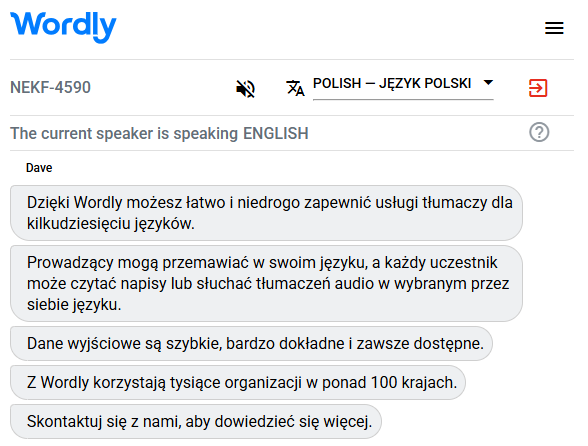 Example of a Polish interpreter translating English to Polish.