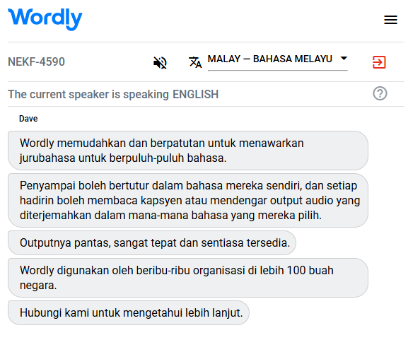 Example of a Malay interpreter translating English to Malay.