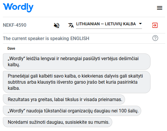Example of a Lithuanian interpreter translating English to Lithuanian.