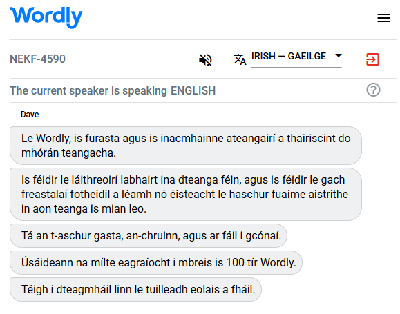 Example of a Irish interpreter translating English to Irish.