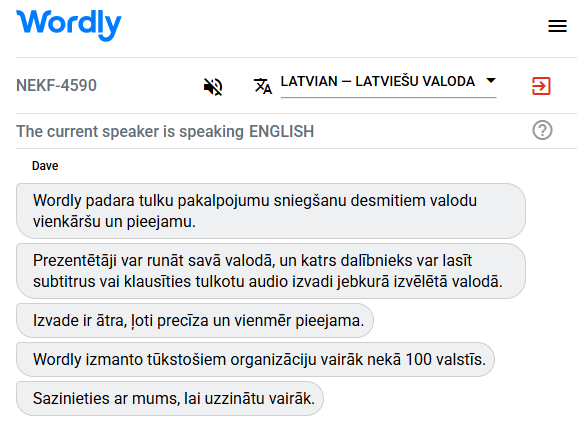 Example of a Latvian interpreter translating English to Latvian.