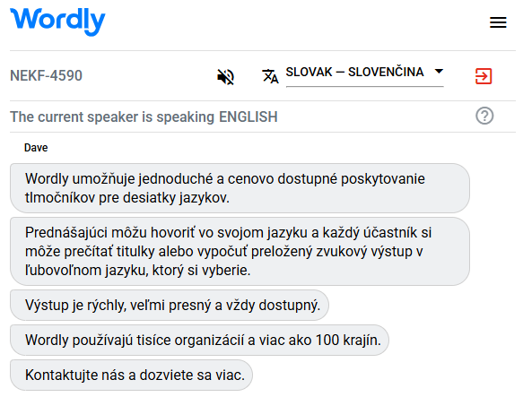 Example of a Slovak interpreter translating English to Slovak.