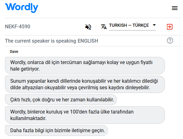 Example of a Turkish interpreter translating English to Turkish.
