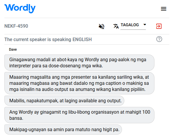 Example of a Tagalog interpreter translating English to Tagalog.