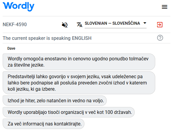 Example of a Slovenian interpreter translating English to Slovenian.