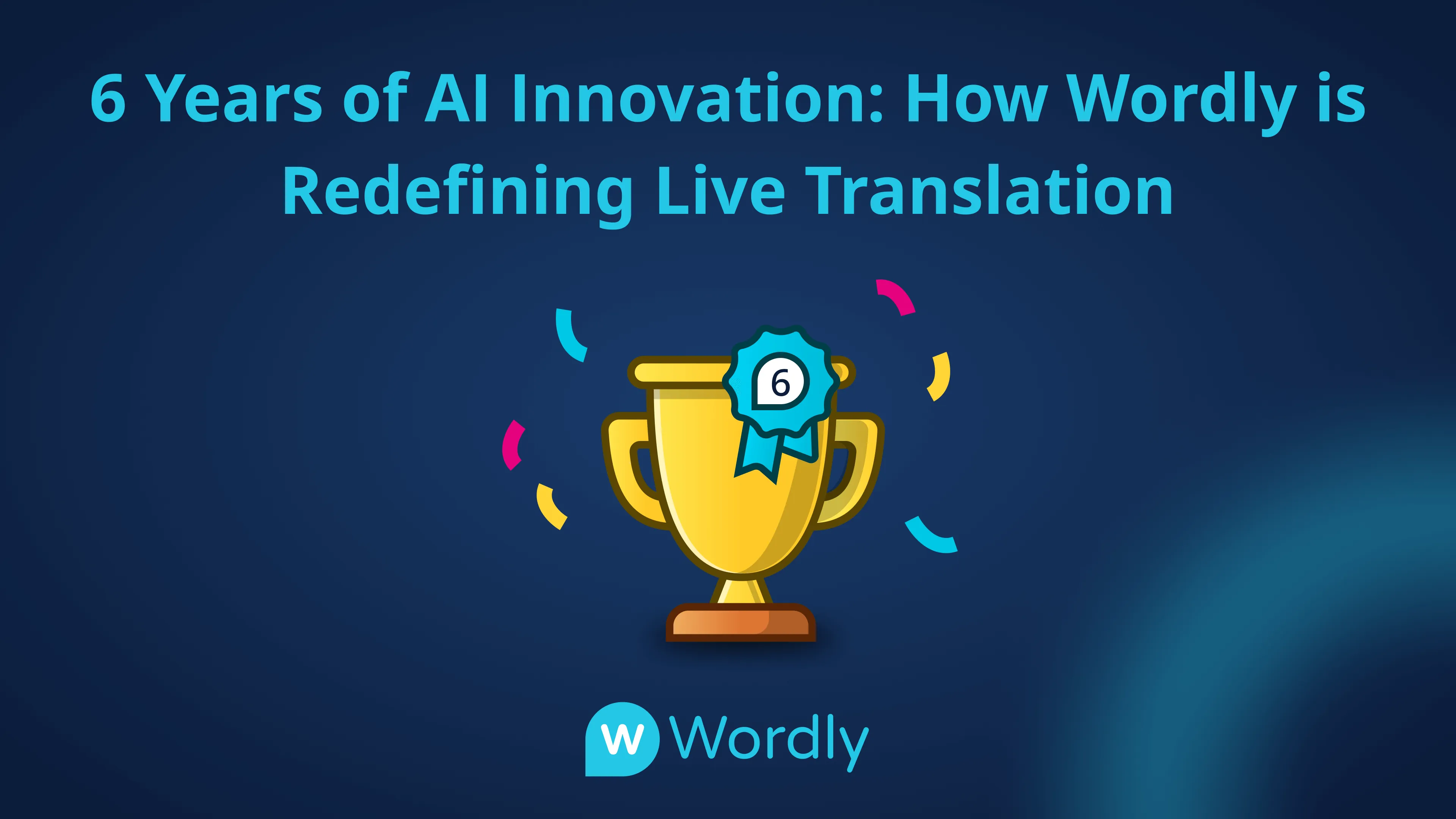 Wordly 6-year anniversary celebrating AI translation innovation.