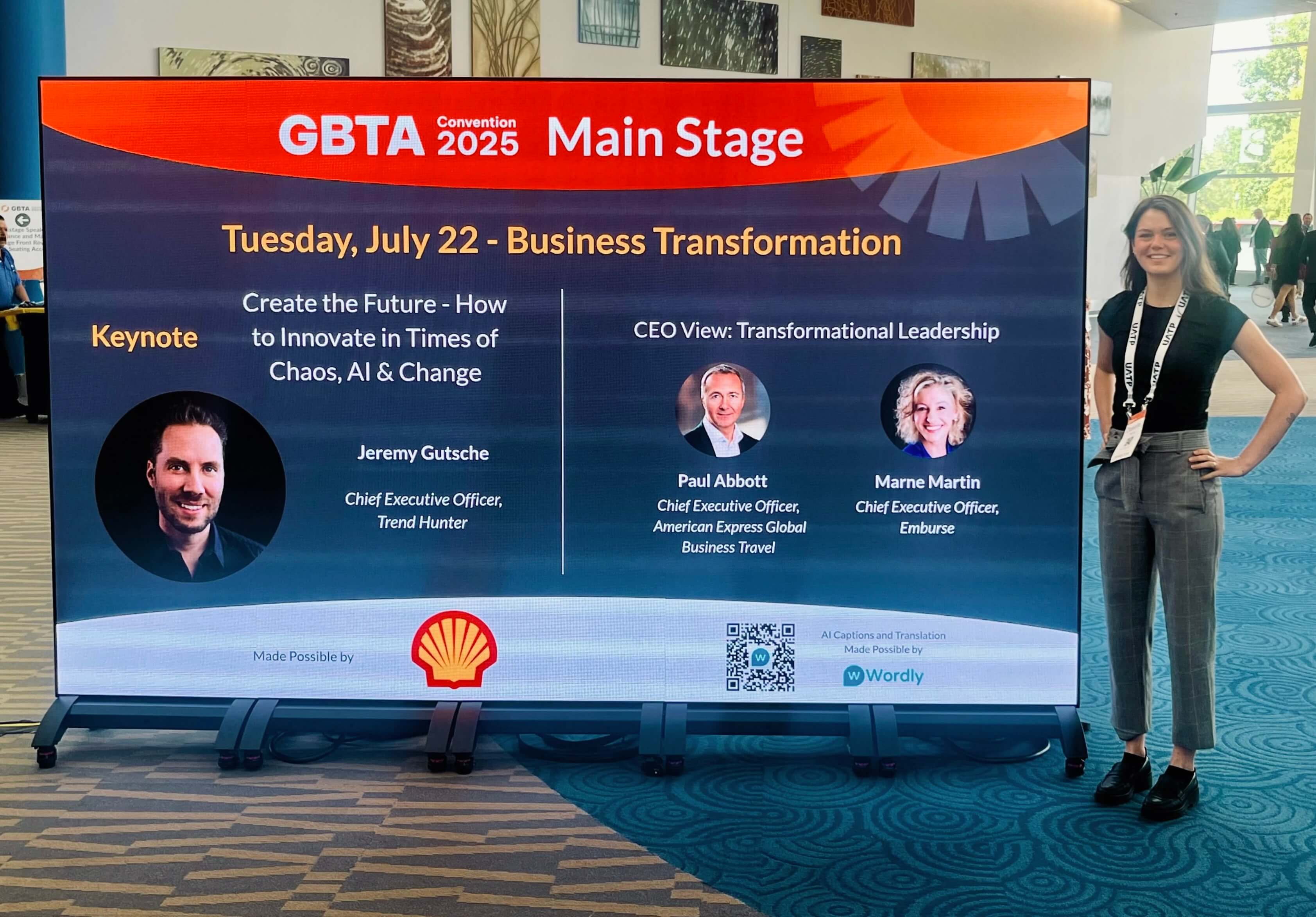 Wordly interpretation app provided live translation via QR code at the GBTA 2025 keynote, “Create the Future: How to Innovate in Times of Chaos” by Jeremy Gutsche