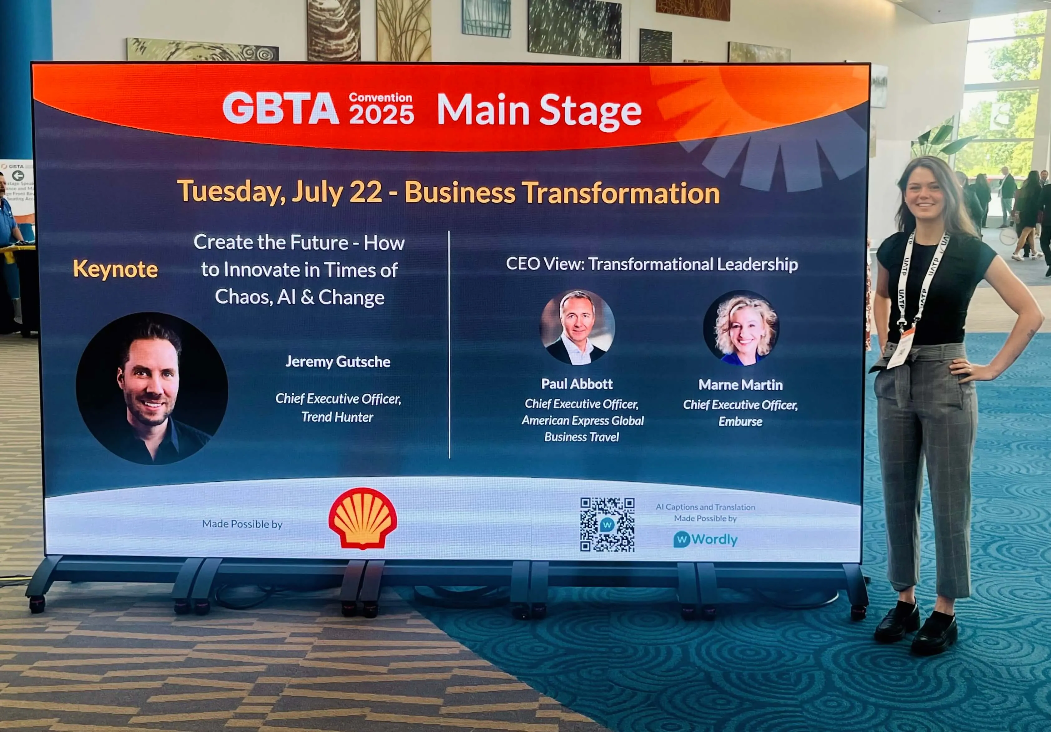 Wordly interpretation app provided live translation via QR code at the GBTA 2025 keynote, “Create the Future: How to Innovate in Times of Chaos” by Jeremy Gutsche