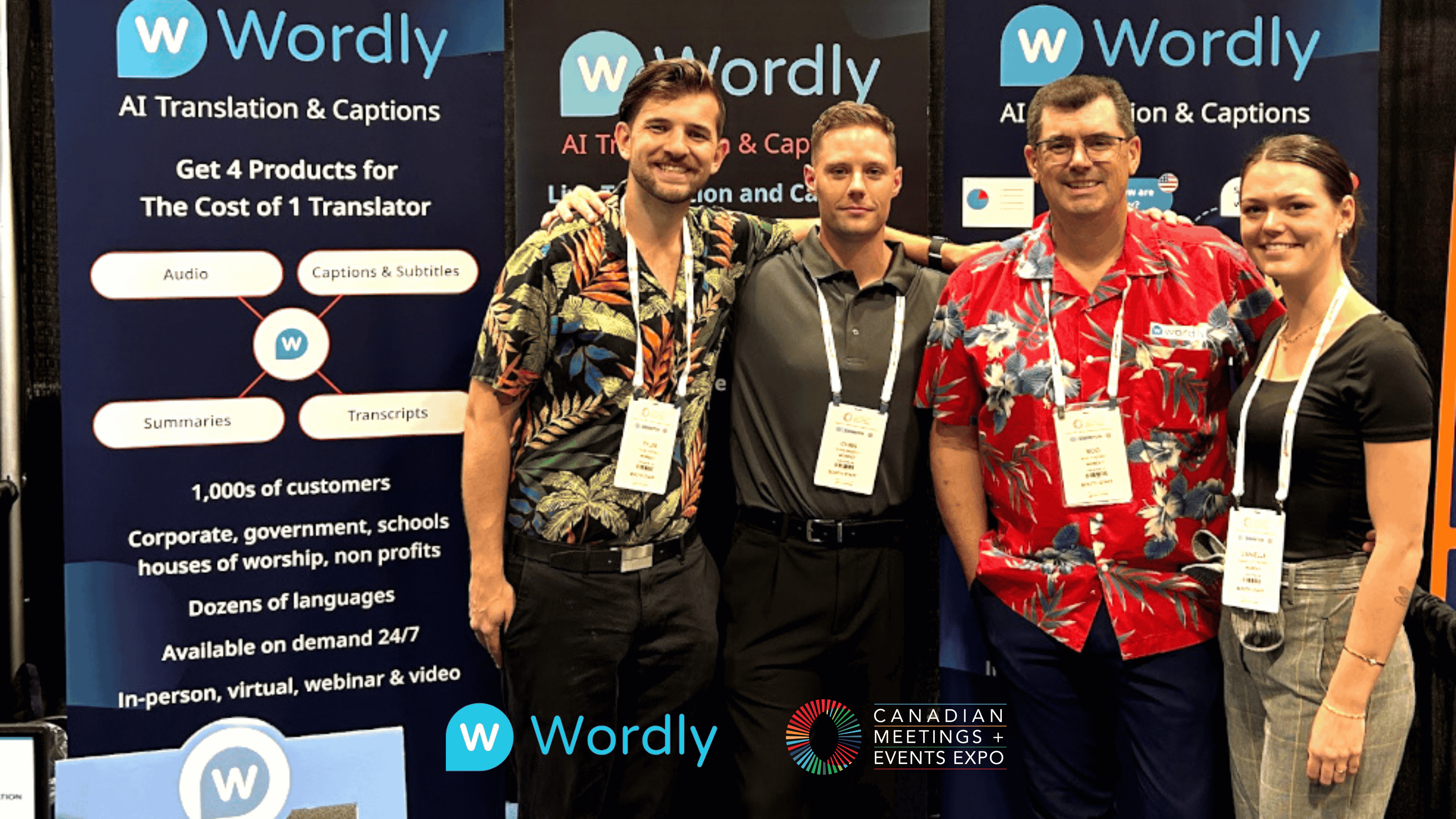 Wordly team at CMEE 2025 showcasing AI voice translator app, standing in front of banners highlighting translation, captions, transcripts, and summaries for meetings and events