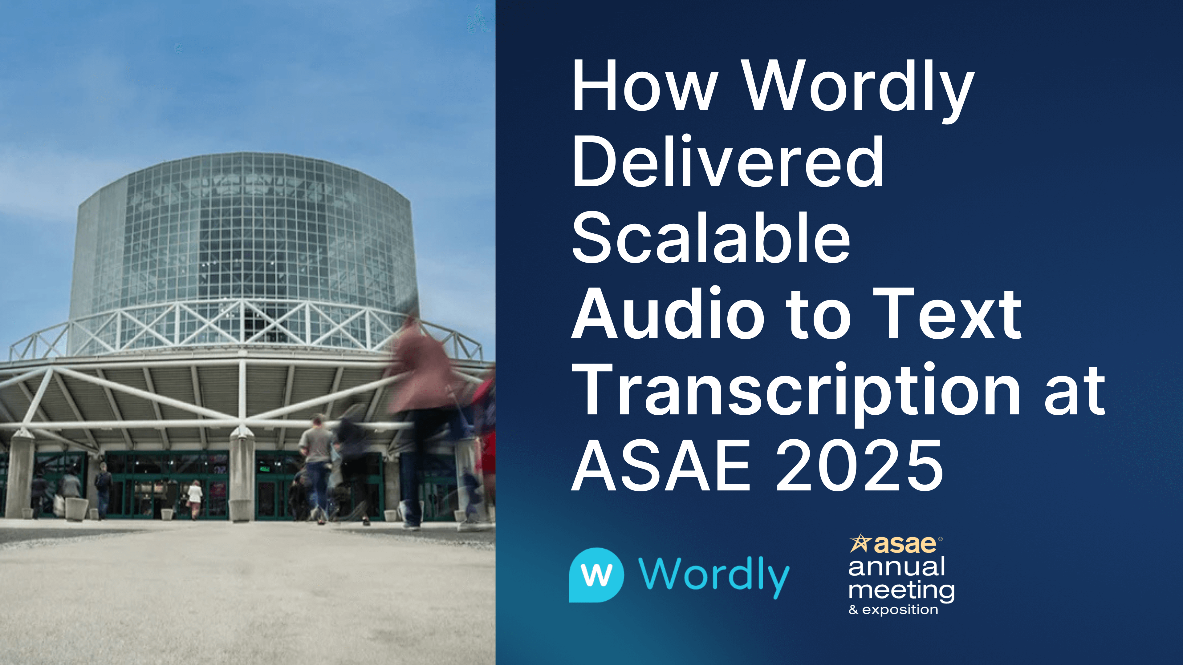 Exterior view of the Los Angeles Convention Center with blurred attendees walking into the venue, alongside a graphic that reads “How Wordly Delivered Scalable Audio to Text Transcription at ASAE 2025” with Wordly and ASAE logos.