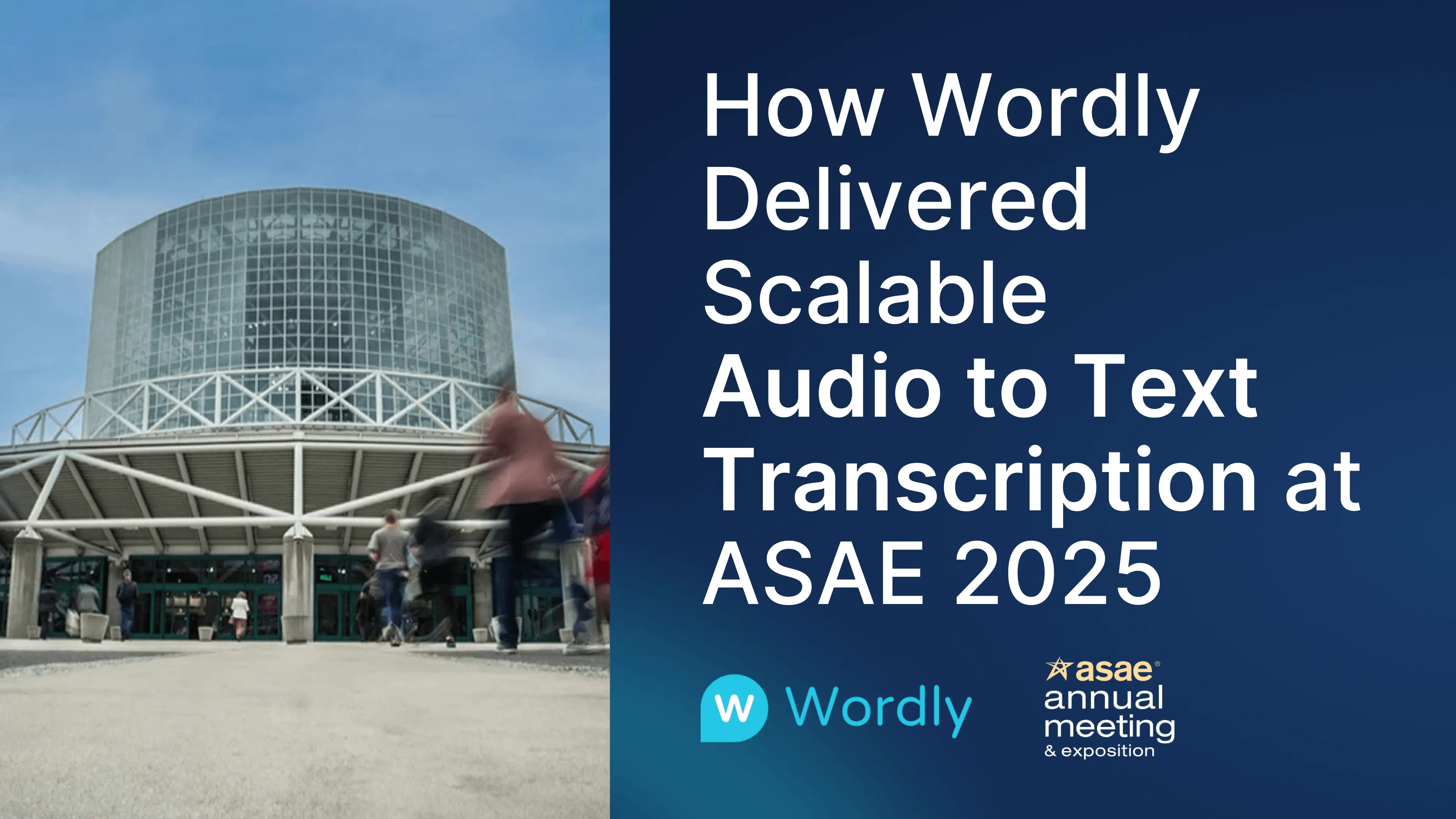 Vista exterior del Centro de Convenciones de Los Ángeles, con la entrada borrosa de los asistentes al recinto, junto con un gráfico que dice «Cómo Wordly entregó la transcripción escalable de audio a texto en ASAE 2025» con los logotipos de Wordly y ASAE.