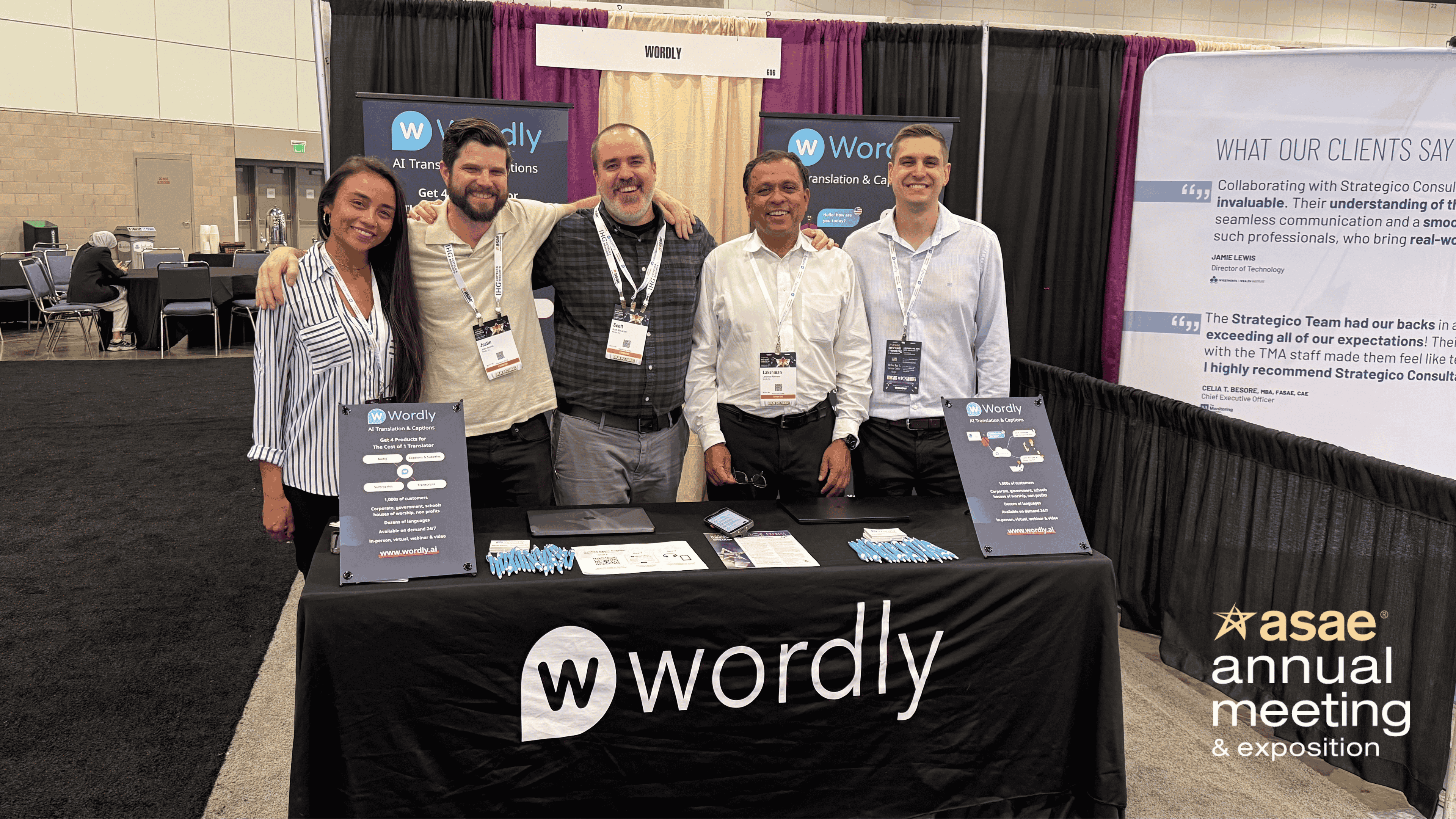 Wordly team at ASAE 2025 booth in Los Angeles, California, showcasing AI-powered audio to text transcription and live translation solutions for meetings and events.