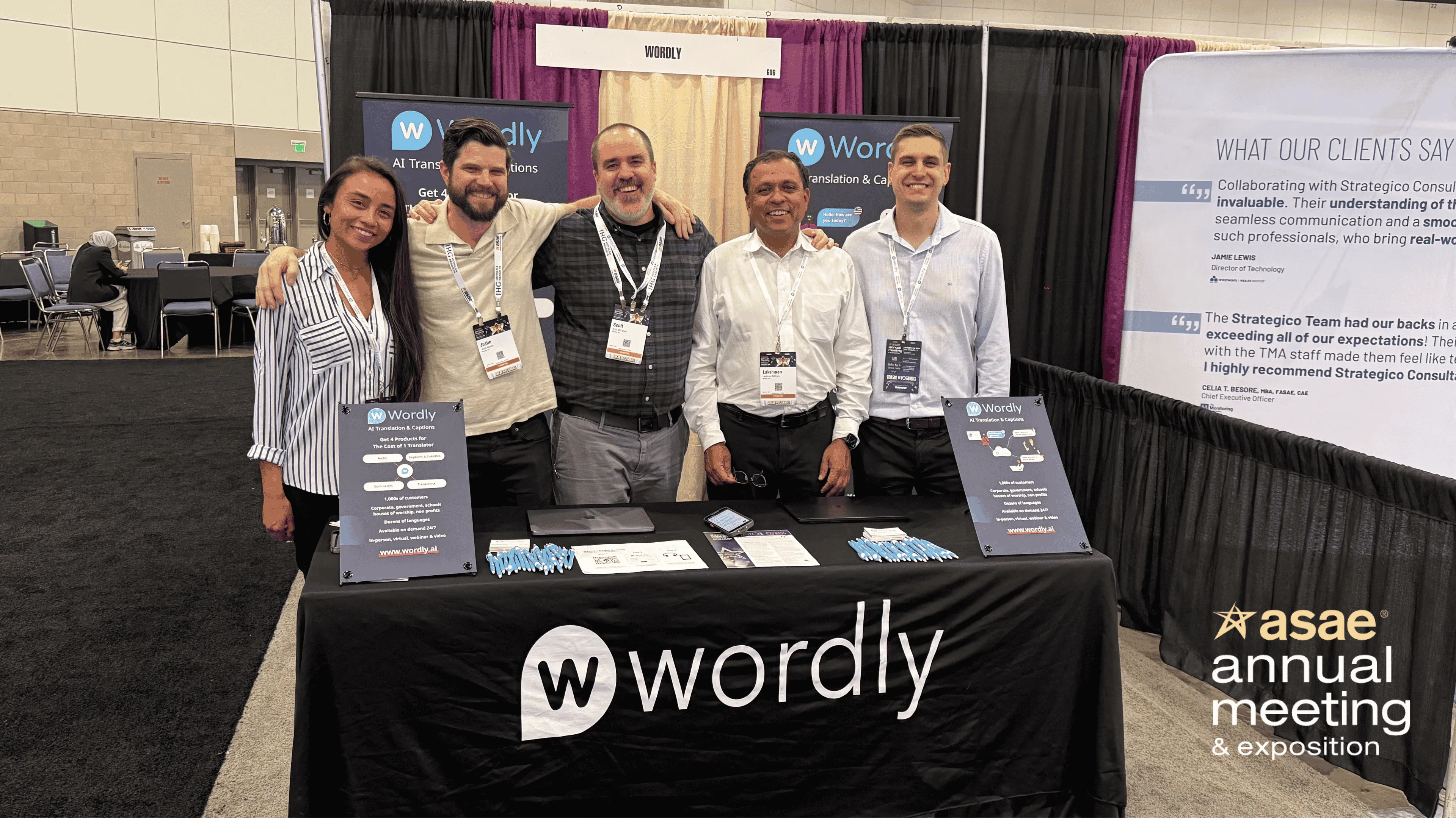 Wordly team at ASAE 2025 booth in Los Angeles, California, showcasing AI-powered audio to text transcription and live translation solutions for meetings and events.