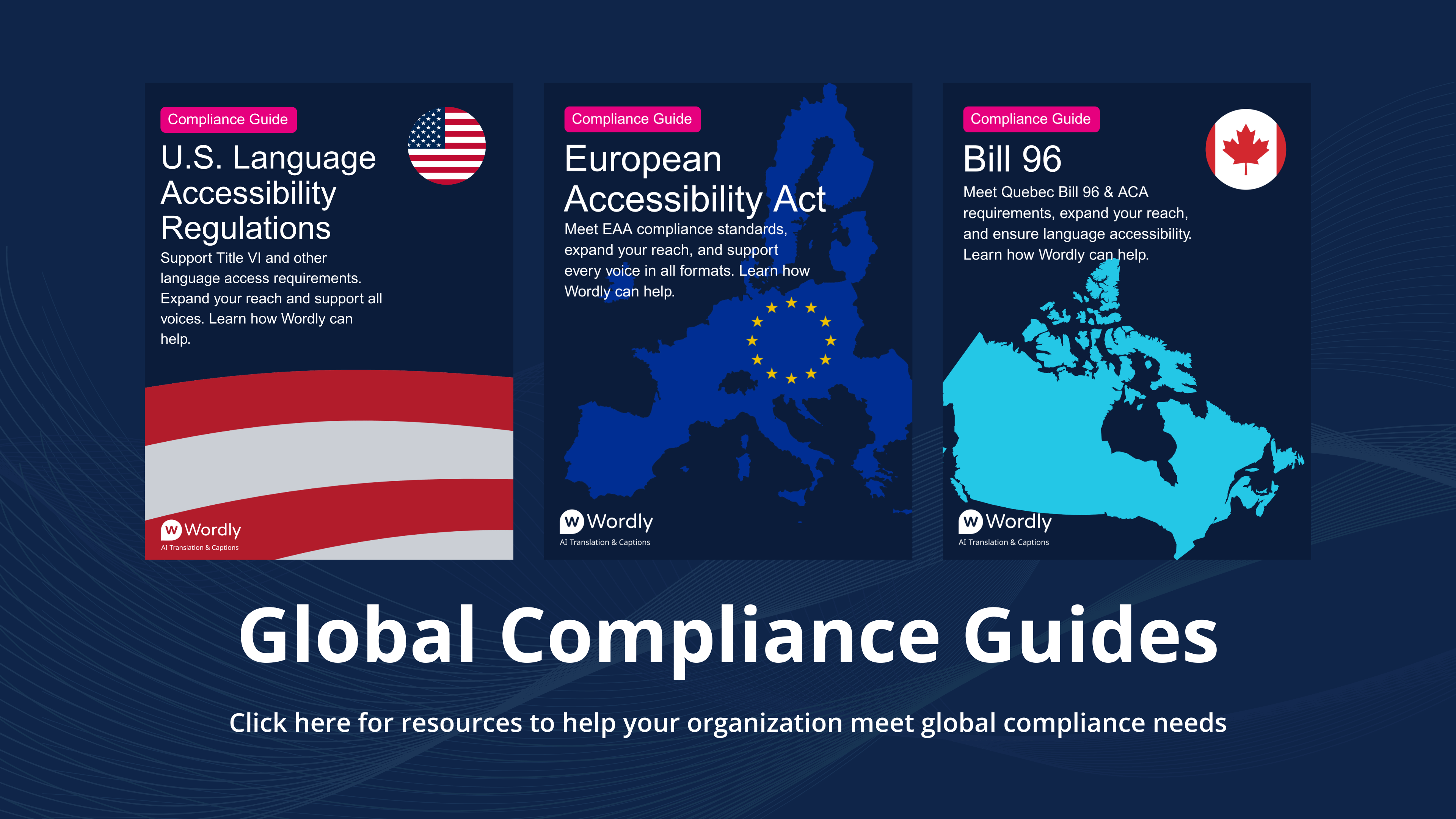 Wordly Global Compliance Guides featuring U.S. Language Accessibility Regulations, European Accessibility Act (EAA), and Quebec Bill 96. Resources to help enterprises meet global language access and accessibility compliance standards.