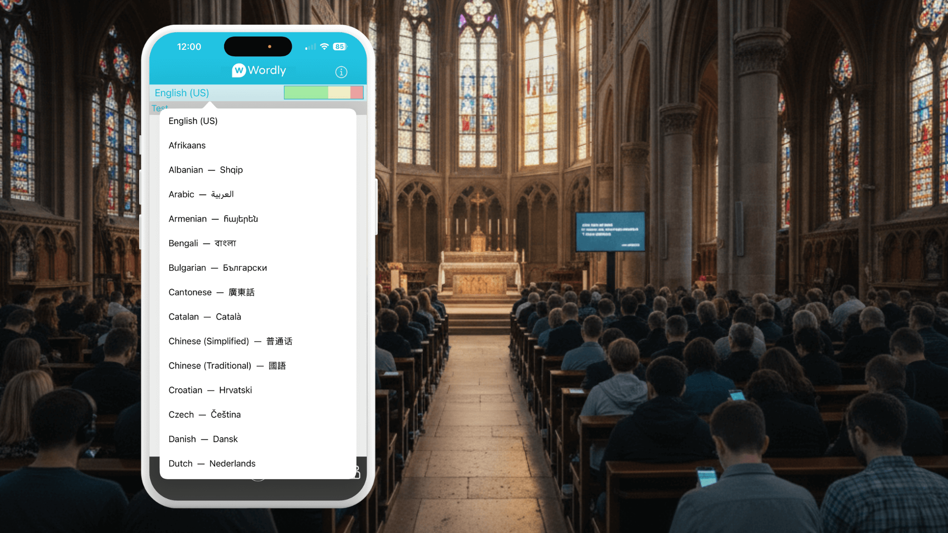 Congregation gathered inside a church during a live service, with a smartphone displaying Wordly showing a list of available languages for real-time translation and captions