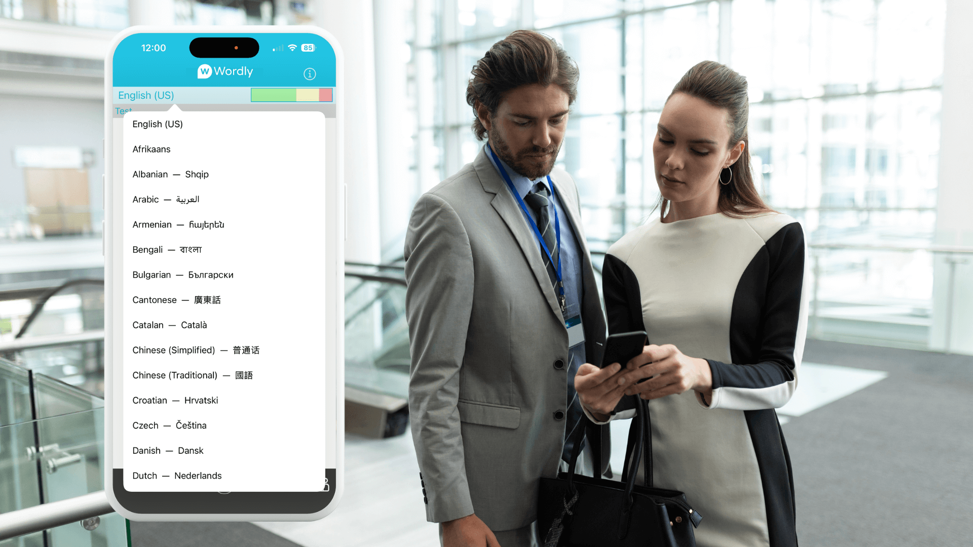 Two professionals discuss public safety communication while viewing Wordly on a smartphone, showing real-time translation options in multiple languages
