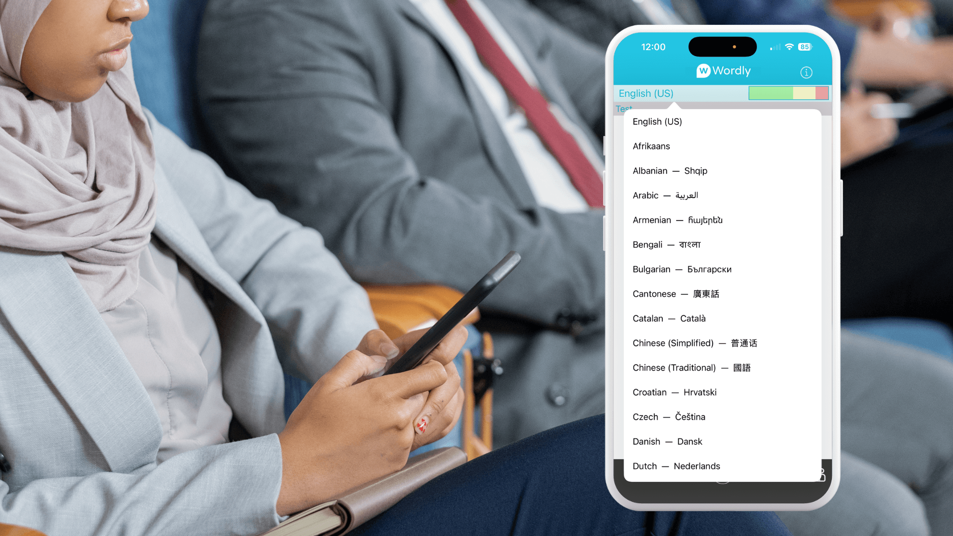 A city council attendee uses her smartphone to access live translation with Wordly. The screen displays a list of available languages, showcasing real-time multilingual accessibility for public meetings.