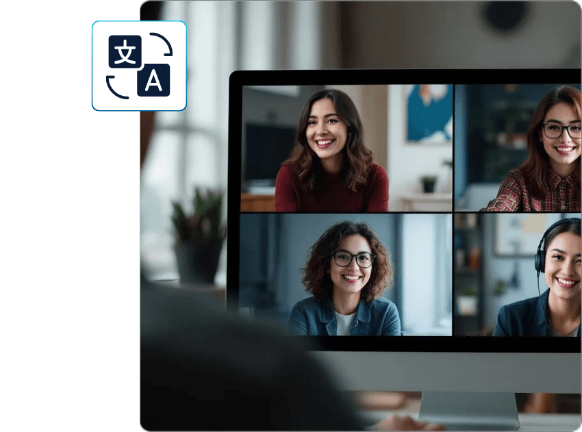 A computer screen showing a virtual meeting with four smiling participants, paired with a translation icon representing AI Dubbing support for online sessions.