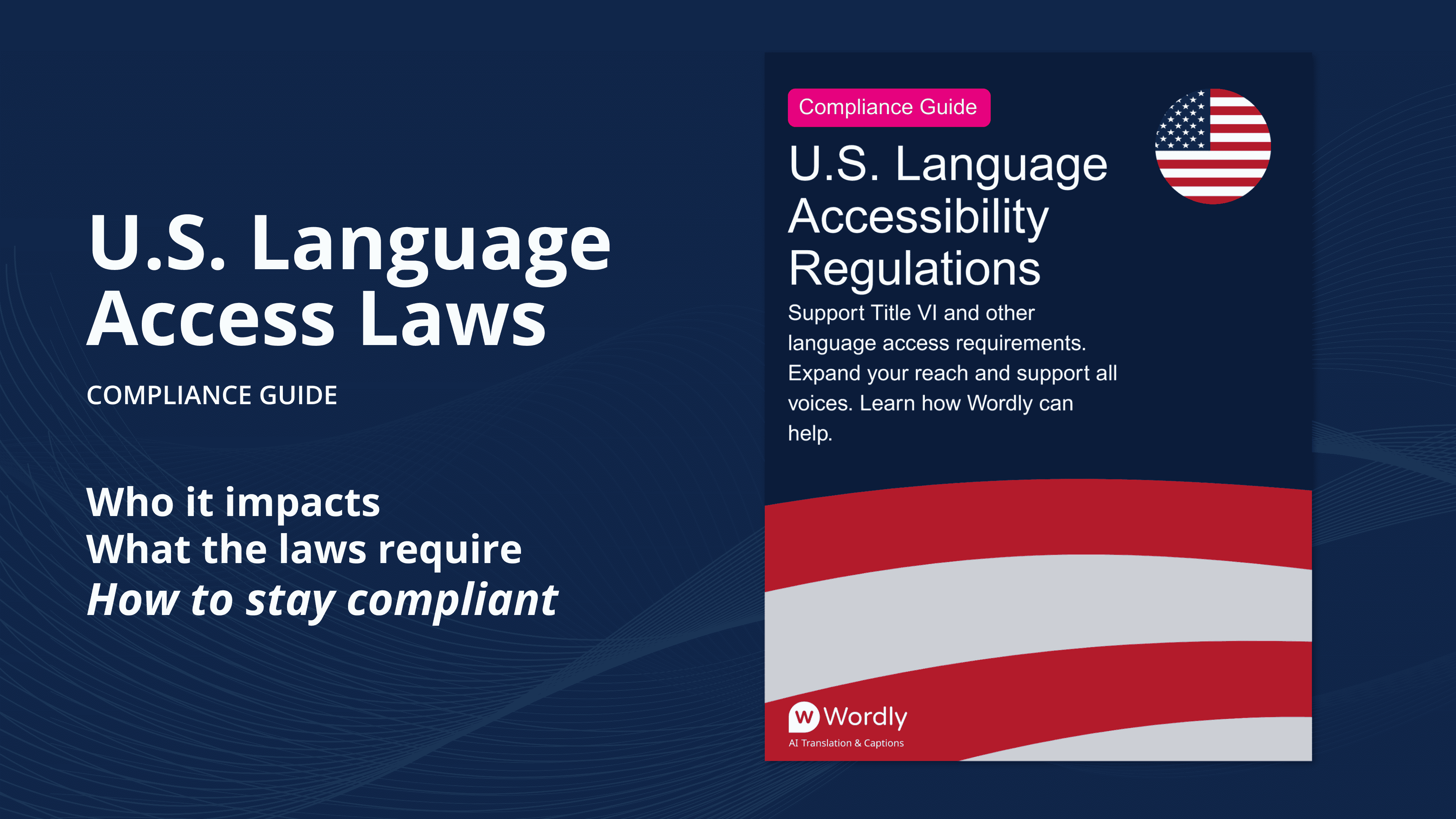 Promotional graphic for the "U.S. Language Access Laws Compliance Guide" Includes cover image of the ebook with an American flag.
