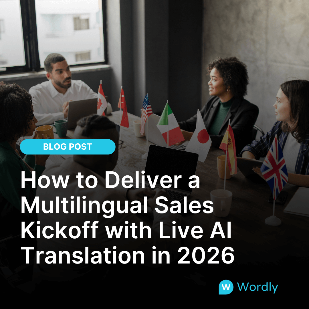 Employees sitting around a conference table with laptops and international flags while planning an inclusive multilingual Sales Kickoff event with AI translation.