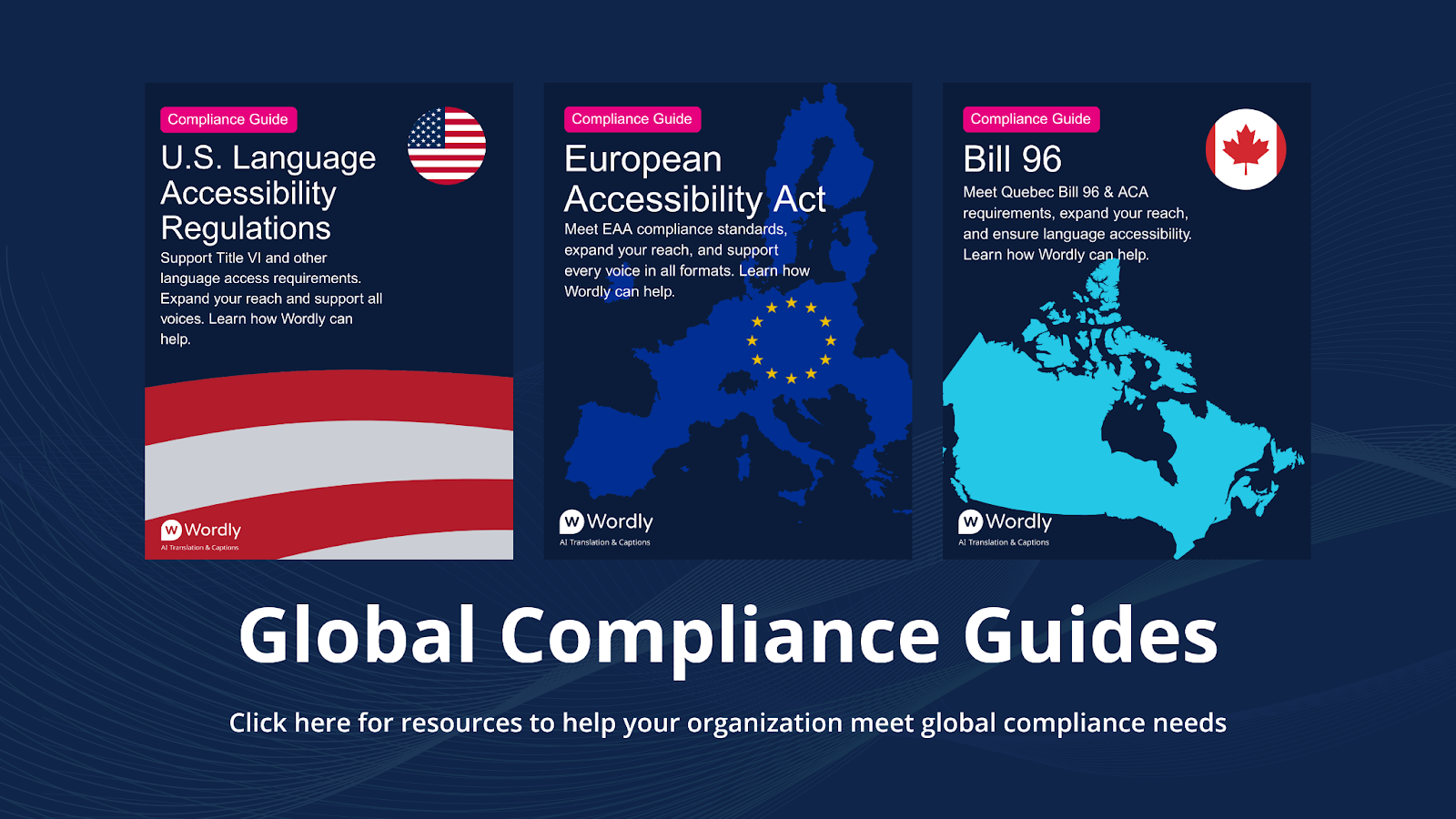 Wordly Global Compliance Guides featuring U.S. Language Accessibility Regulations, European Accessibility Act (EAA), and Quebec Bill 96. Resources to help enterprises meet global language access and accessibility compliance standards.