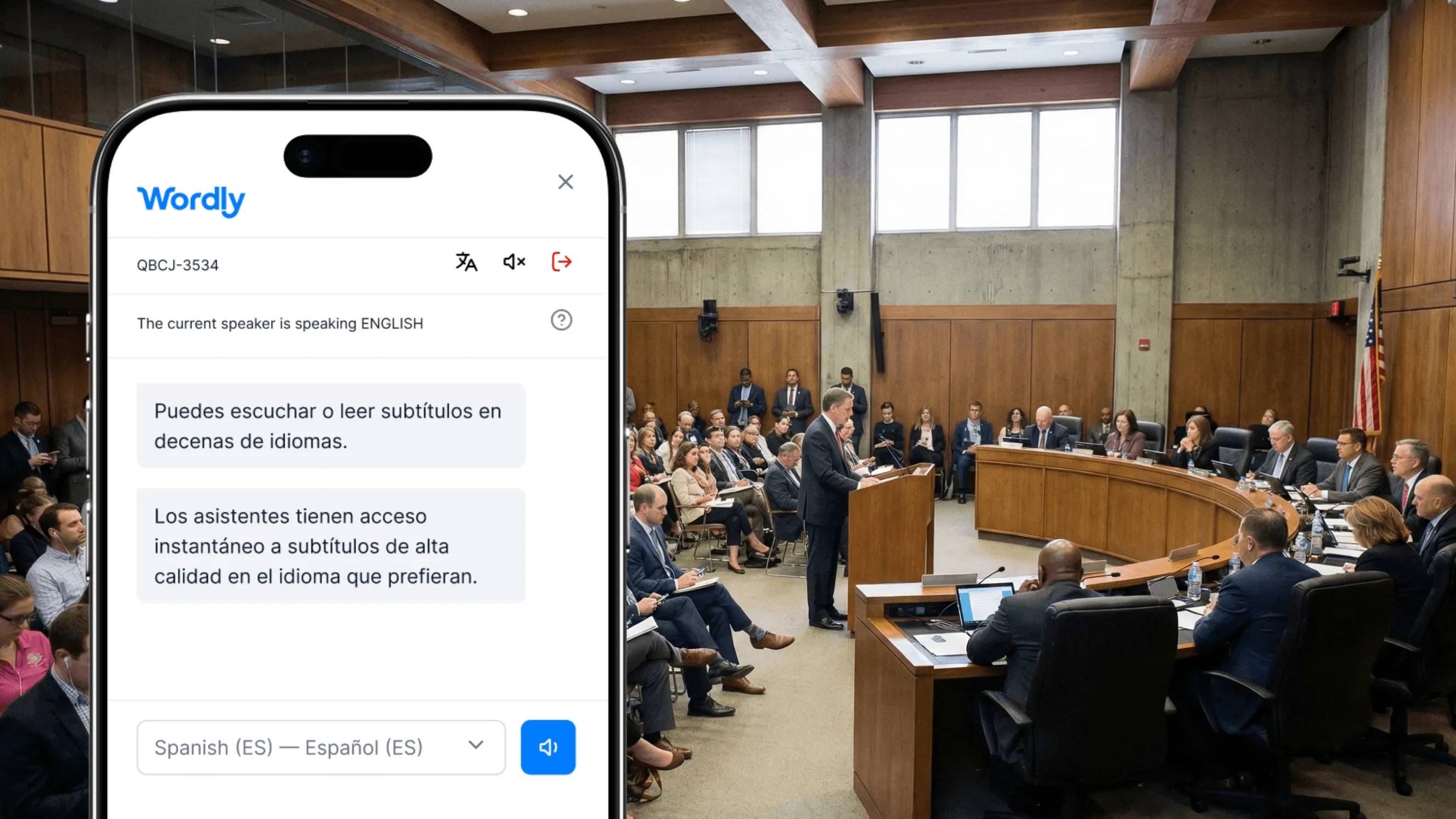 Wordly live AI translation and captions on a phone for small city government
