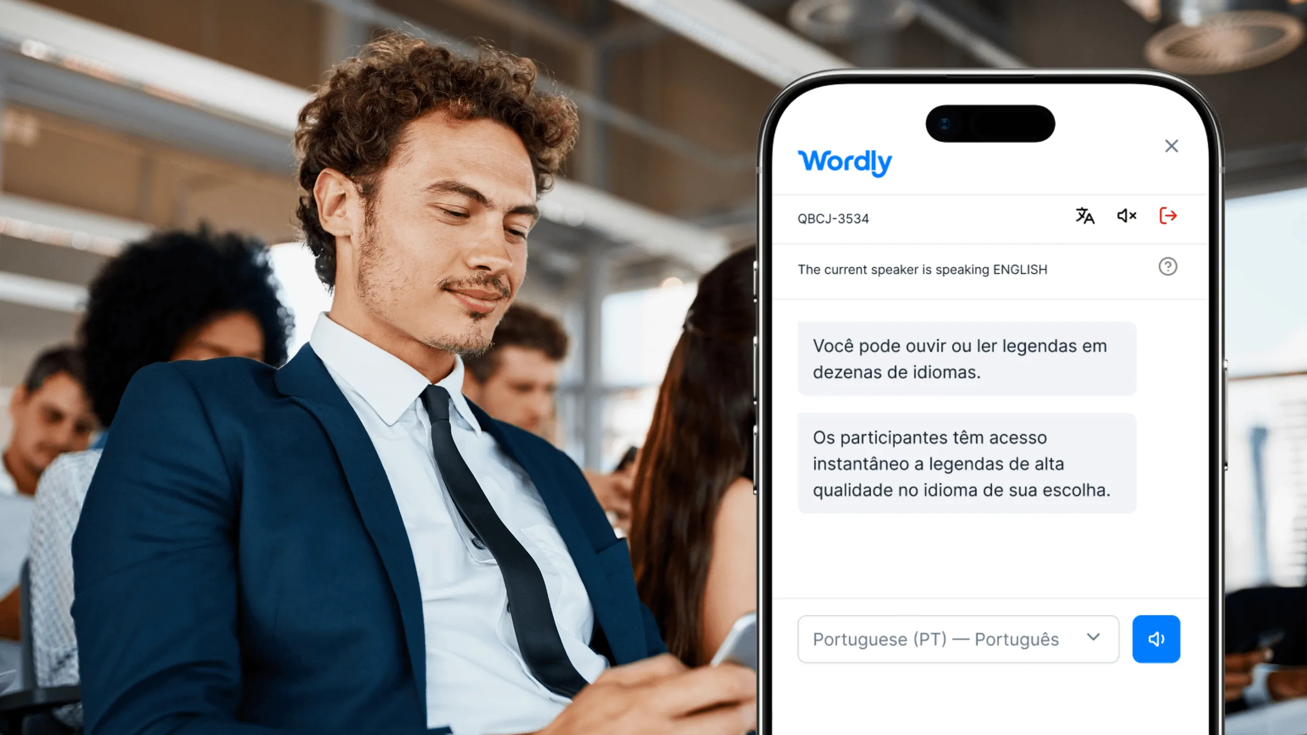 Wordly live AI translation and captions on a phone for legal and event association