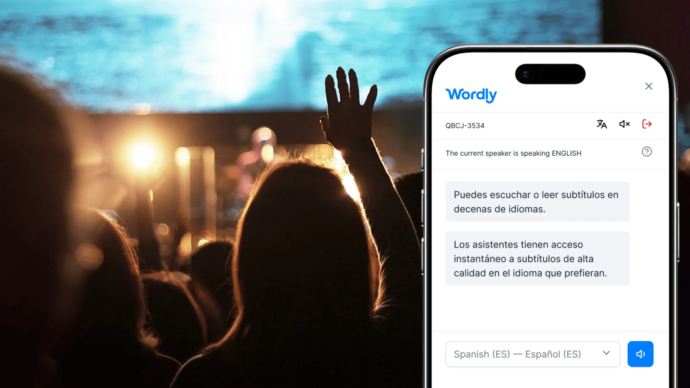 Wordly live AI translation and captions on a phone for churches