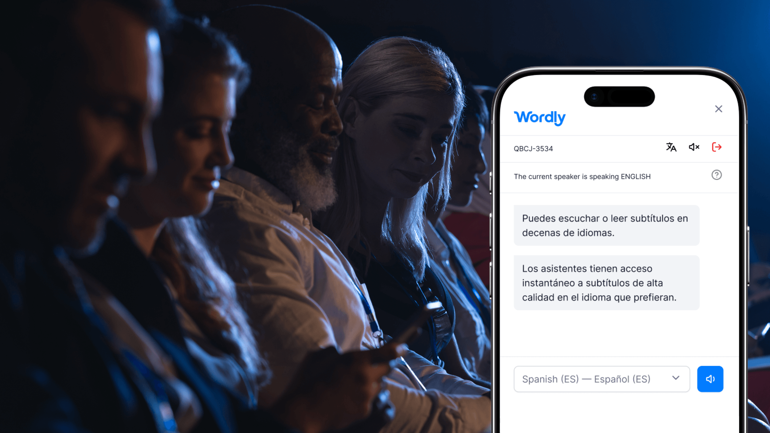 Wordly live AI translation and captions on a phone for conferences