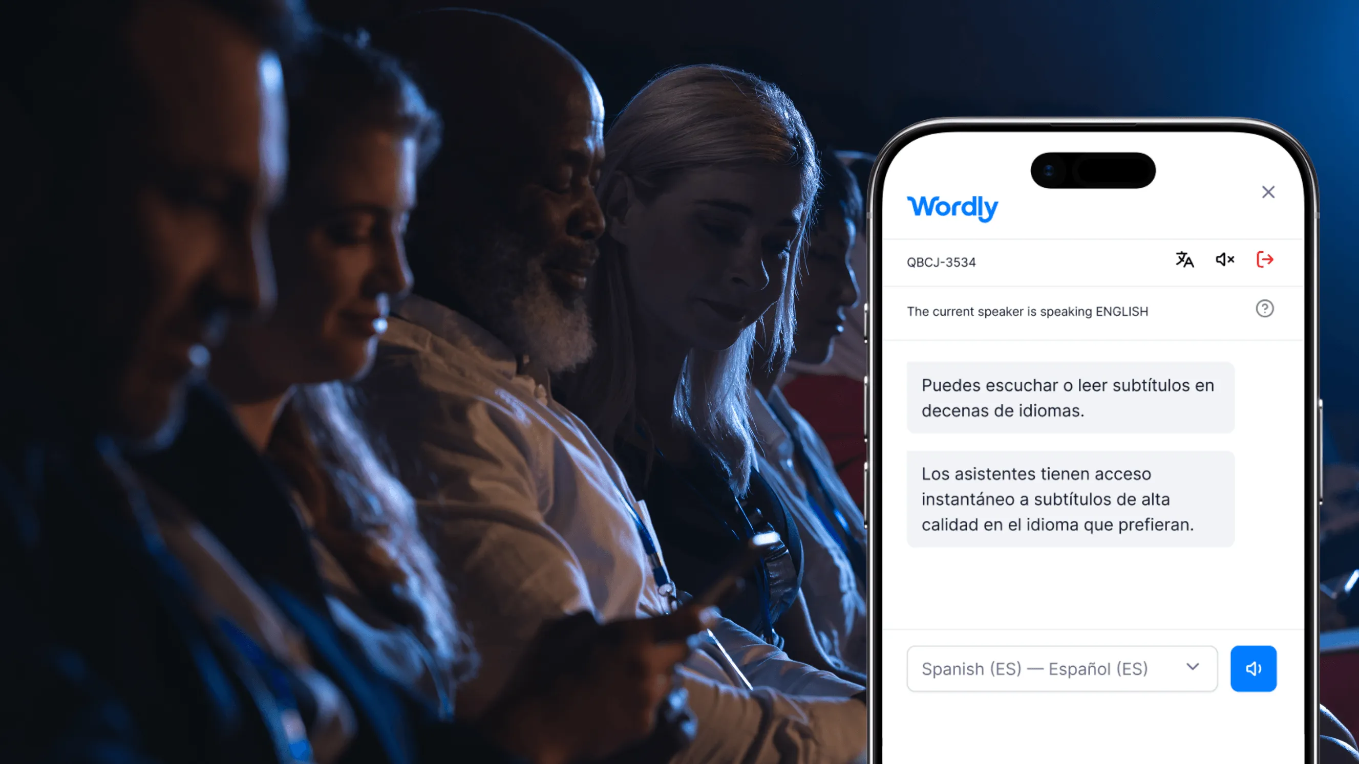 Wordly live AI translation and captions on a phone for conferences