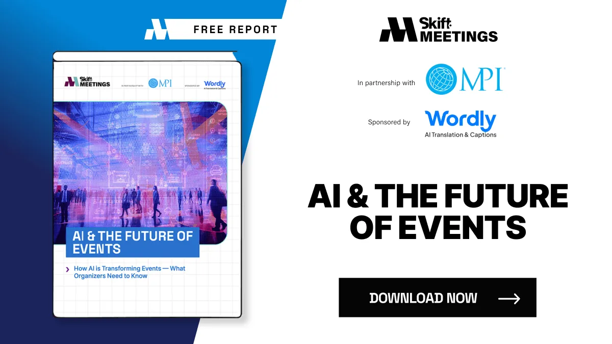 AI and the Future of Events report cover from Skift Meetings, sponsored by Wordly