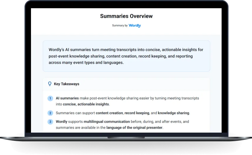 Example of Wordly event summary output which includes an overview, key takeaways, and a summary of the session