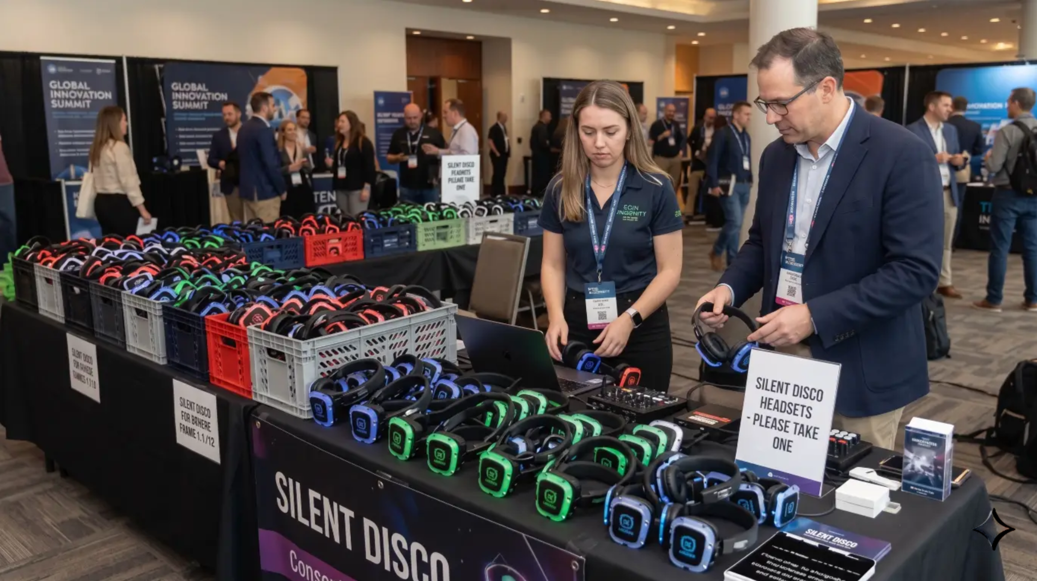 Table at an event with dozens of special headsets required when not using Wordly for silent disco