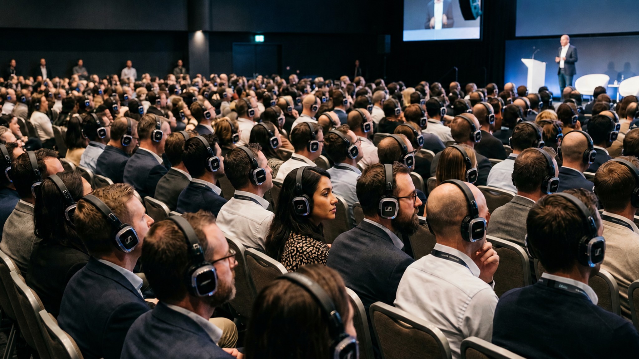 People using traditional silent seminar equipment at a conference